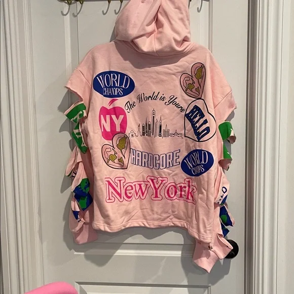 AKIRA Light Pink Hoodie with NYC logos patches, all over so cute - Picture 2 of 10